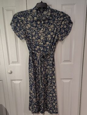 Chaps Midi Dress Navy and Cream Floral Button-Front And Belt Size Large